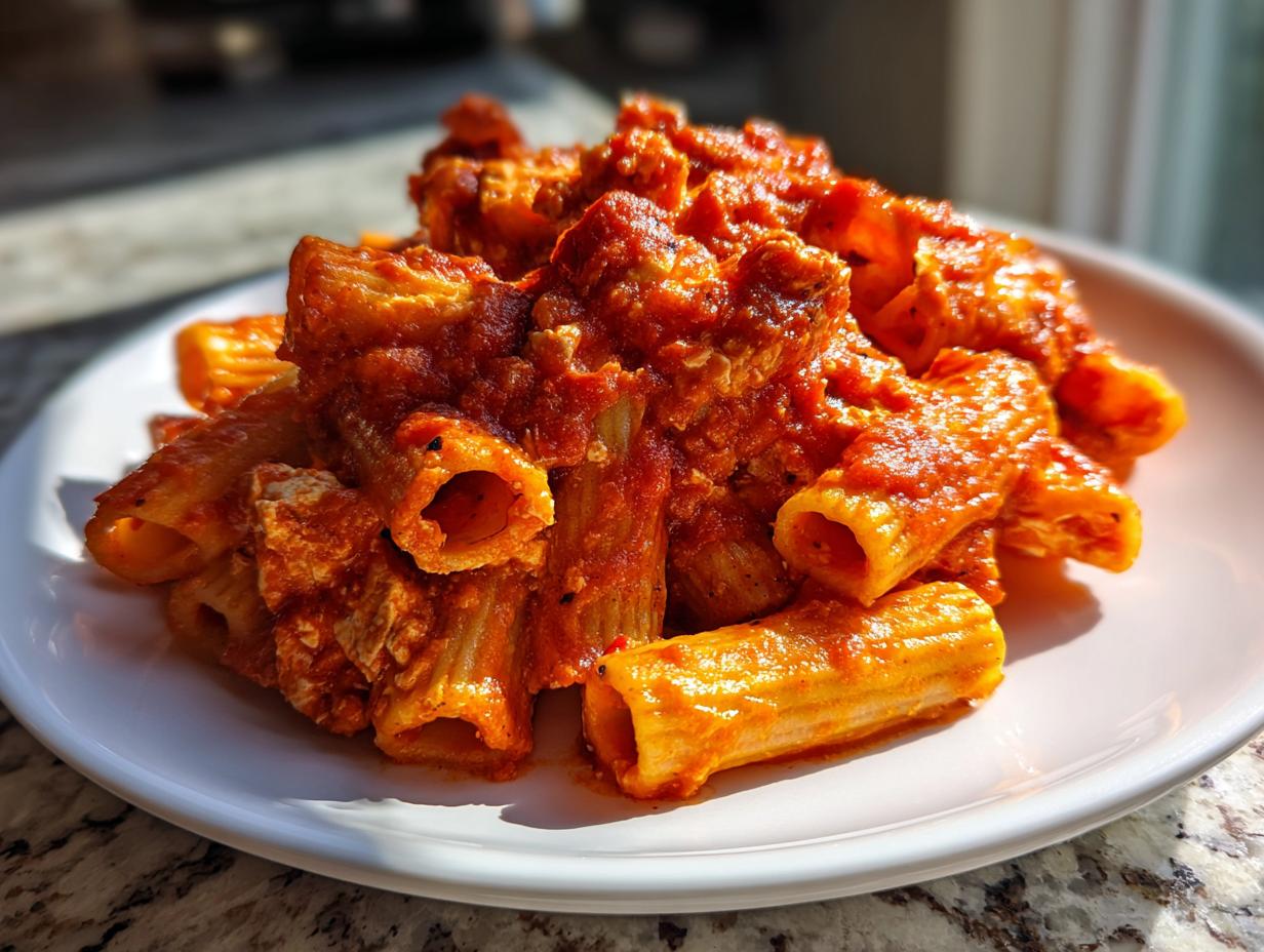 A close-up shot of rigatoni pasta coated in a creamy tomato sauce with visible chunks of melted cheese, characteristic of baked feta pasta.