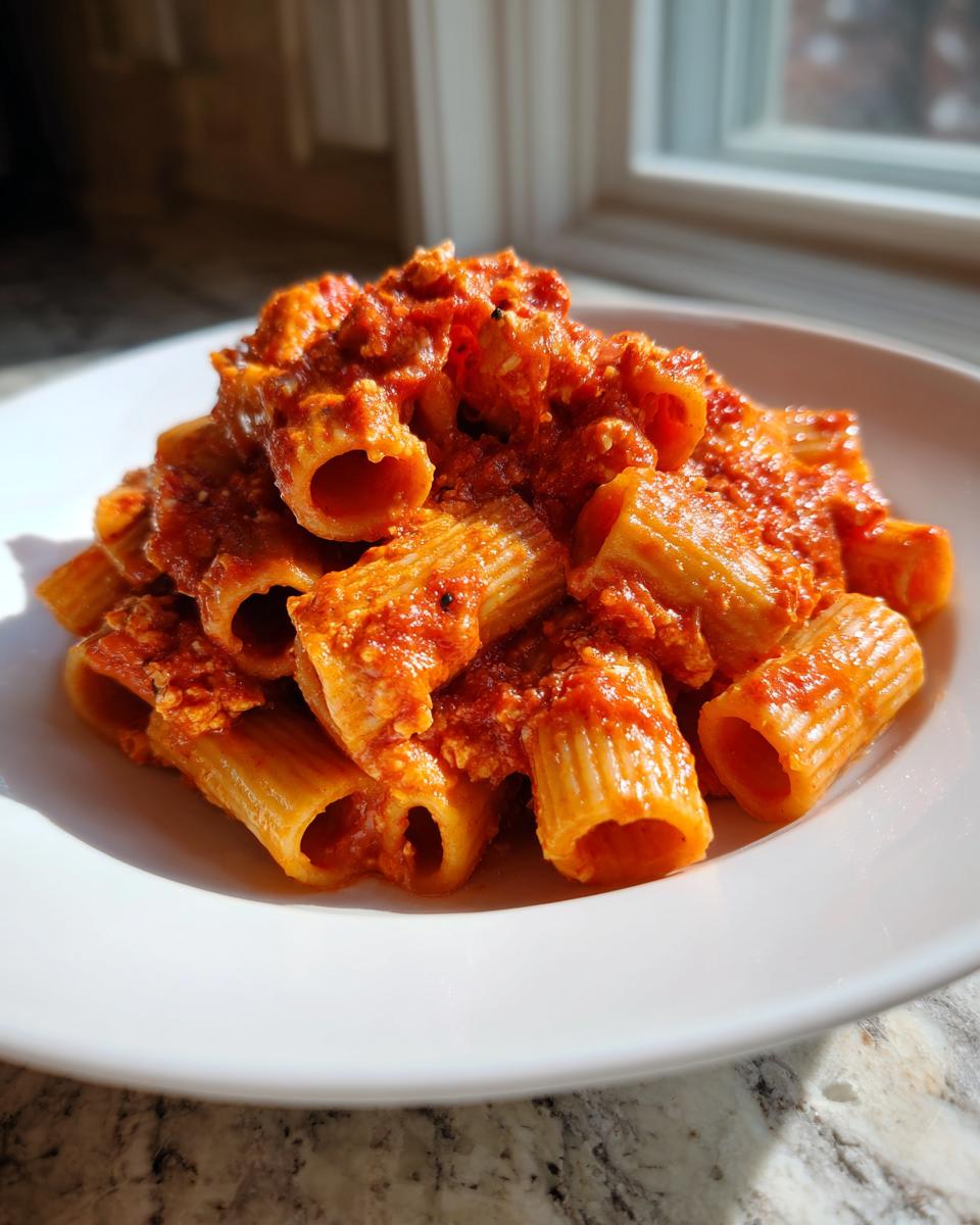 A close-up of rigatoni pasta tossed in a creamy tomato sauce, representing baked feta pasta, served on a white plate.