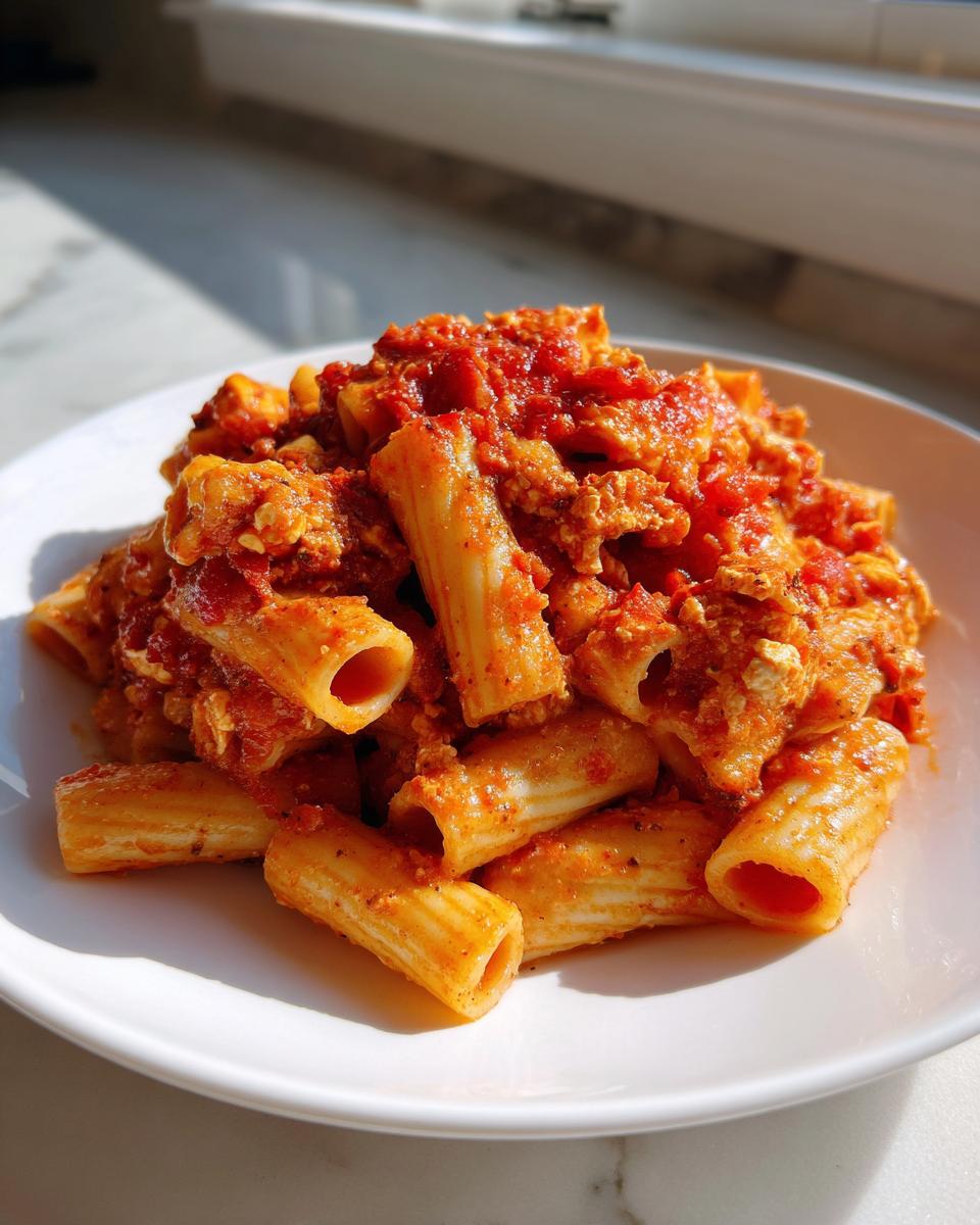 A white bowl filled with rigatoni pasta coated in a creamy, orange-red sauce, reminiscent of baked feta pasta.