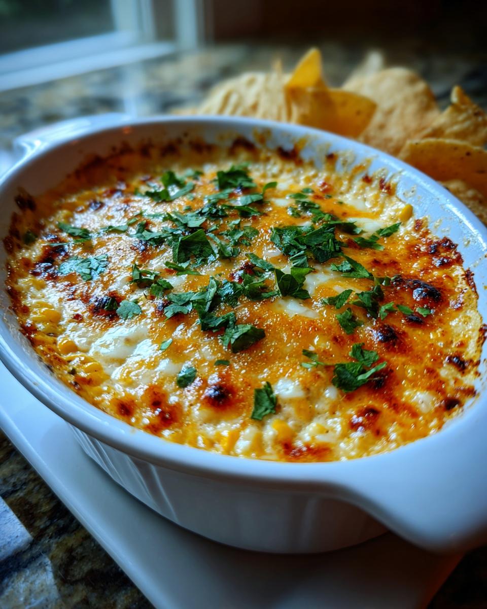 A close-up of a freshly baked street corn dip in a white oval dish, topped with browned cheese and fresh cilantro.