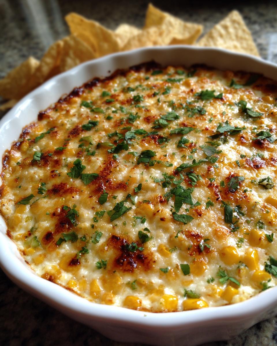 Close-up of a hot, baked street corn dip topped with melted, browned cheese and fresh cilantro.