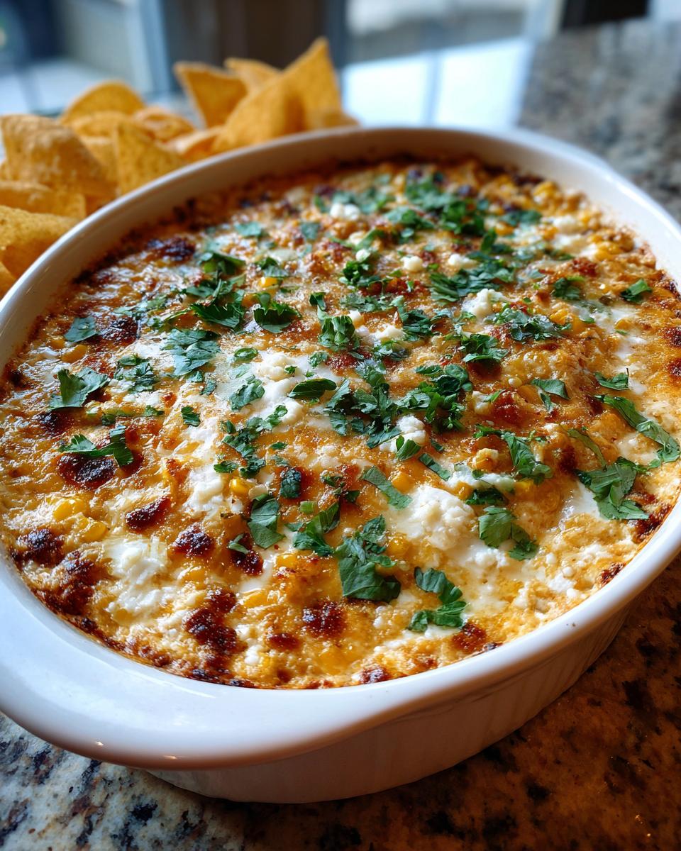 Close-up of a hot, baked street corn dip, golden brown and topped with fresh cilantro, served with tortilla chips.