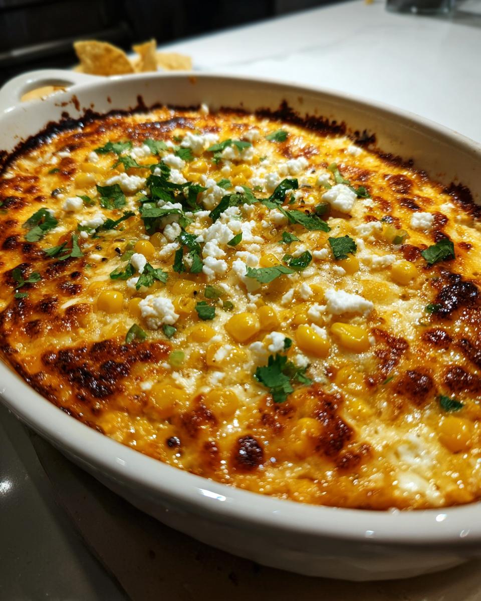 Close-up of a bubbly, baked street corn dip topped with cotija cheese and cilantro in an oval white baking dish.