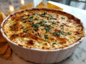 Close-up of a baked street corn dip, golden brown and cheesy, garnished with cilantro, served with tortilla chips.
