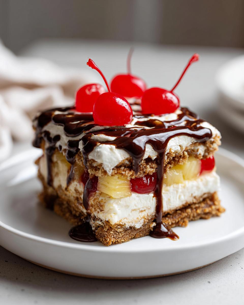 A decadent slice of banana split cake layered with cream, fruit, and topped with chocolate sauce and maraschino cherries.