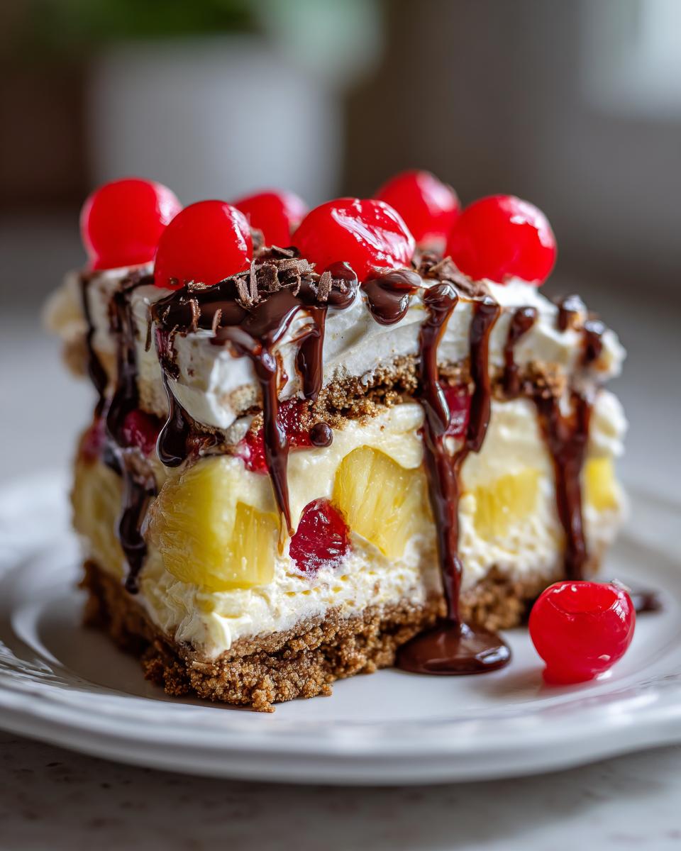 Close-up of a rich slice of banana split cake layered with cream, pineapple, and topped with chocolate drizzle and maraschino cherries.