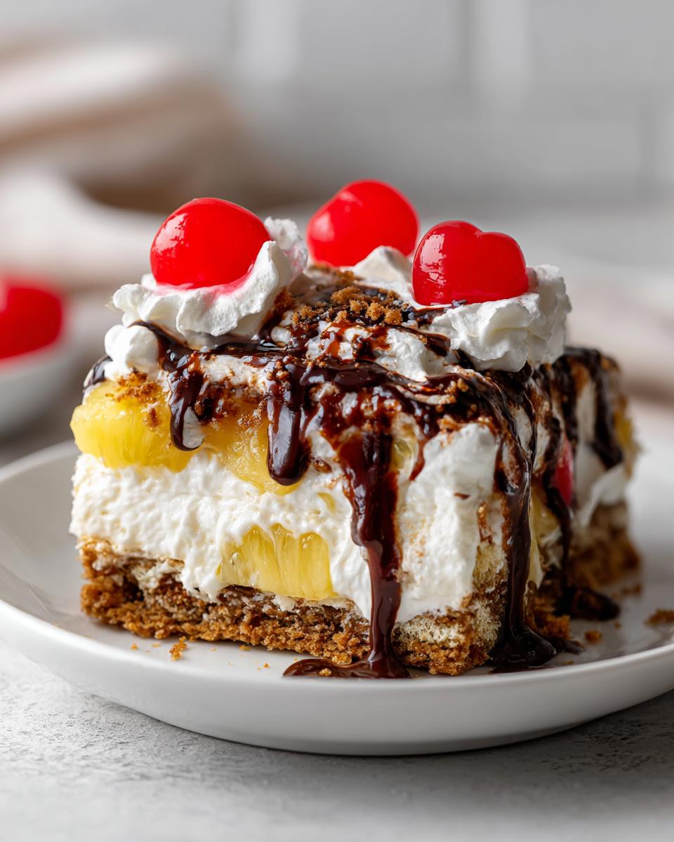 A decadent slice of banana split cake featuring a graham cracker crust, creamy filling, pineapple chunks, whipped cream, and chocolate syrup topped with maraschino cherries.