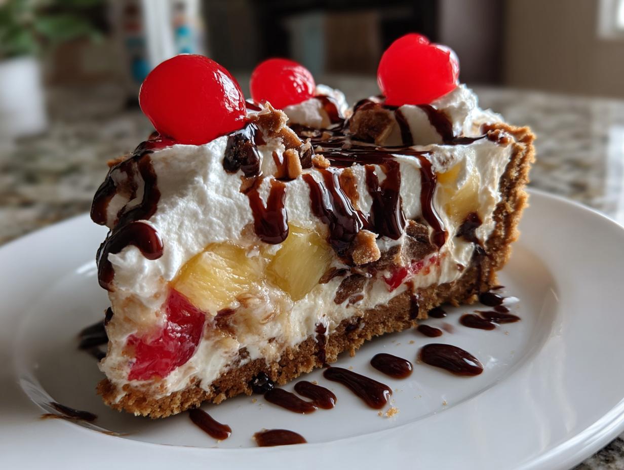 A decadent slice of banana split cake featuring whipped topping, pineapple, cherries, and chocolate syrup.