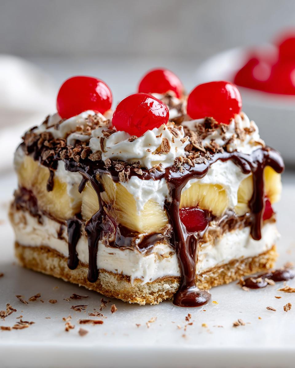 Close-up of a decadent slice of banana split cake featuring layers of cream, bananas, chocolate syrup, and maraschino cherries.