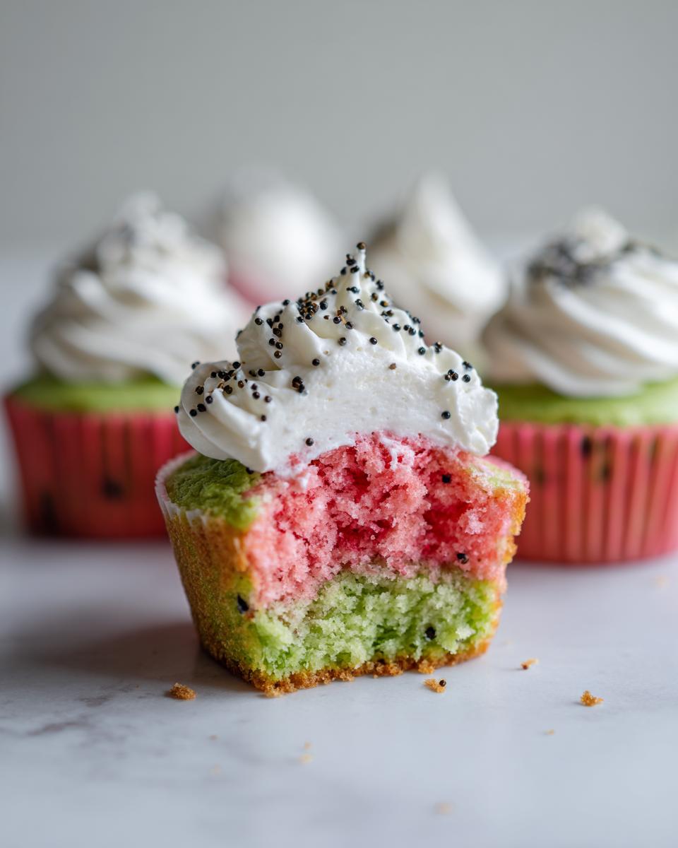 Close-up of a bitten watermelon cupcakes showing pink and green layers, topped with white frosting and black sprinkles.