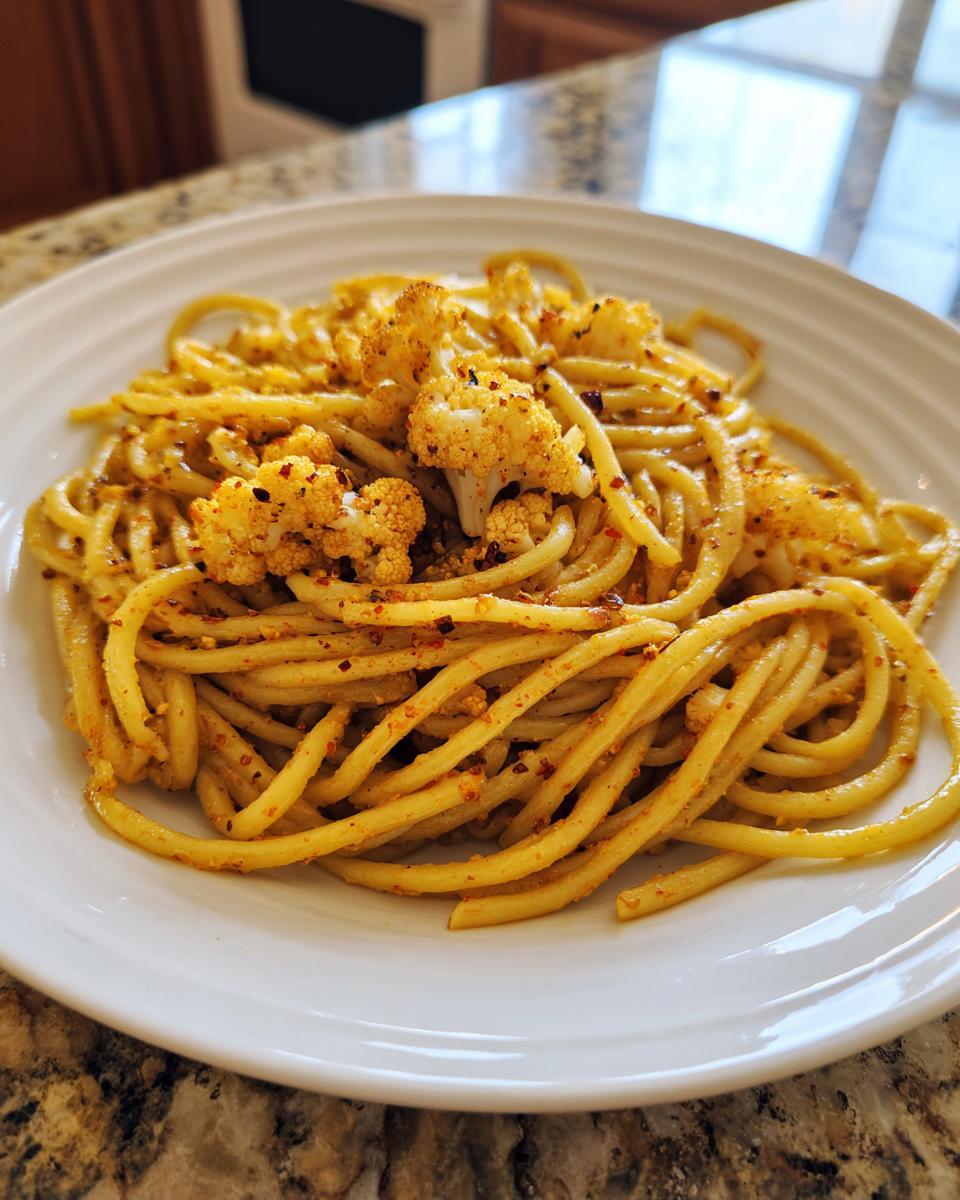 A close-up of black pepper turmeric cauliflower and garlic noodles tossed in a yellow sauce and topped with roasted cauliflower florets.