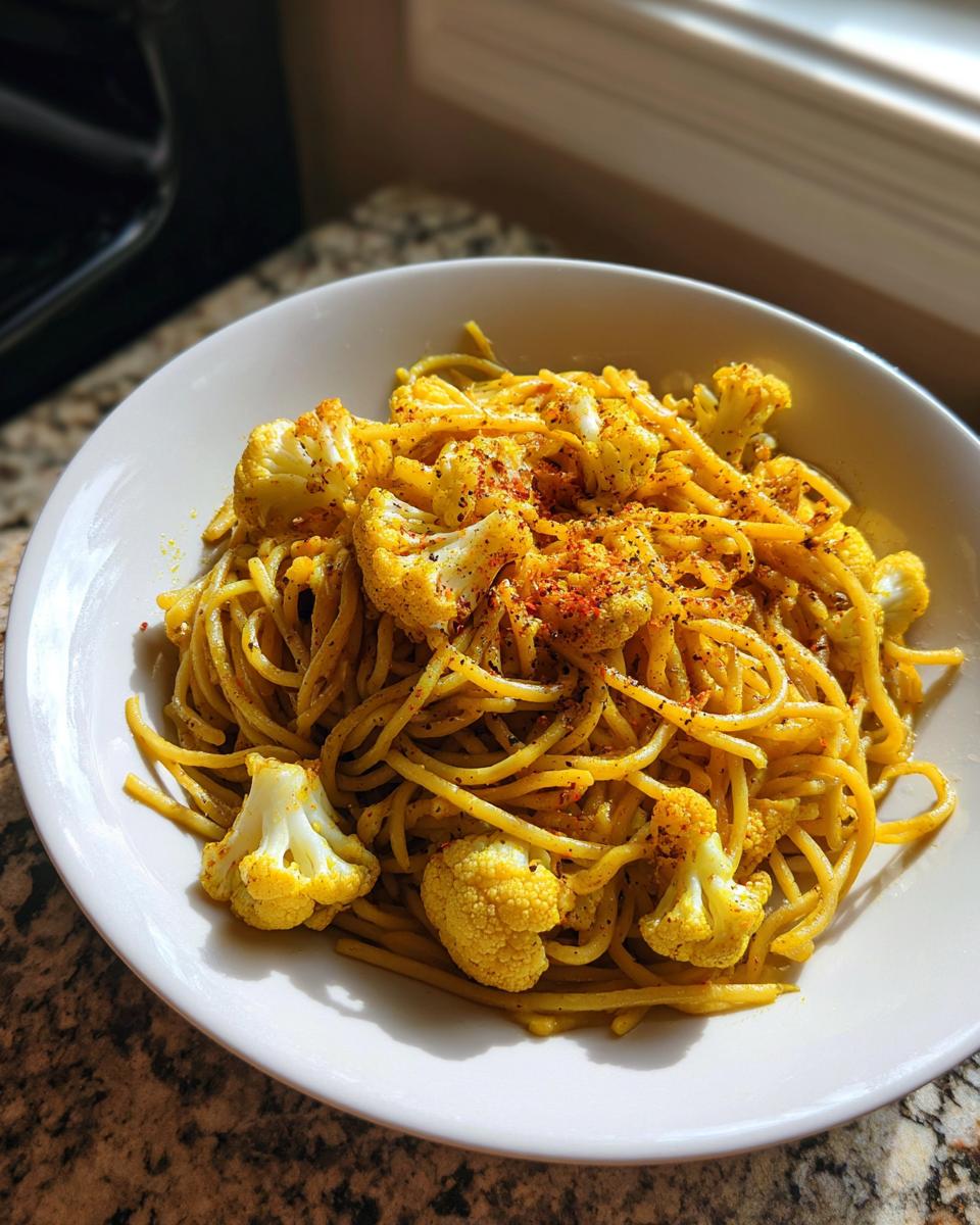 A close-up of bright yellow black pepper turmeric cauliflower and garlic noodles topped with spices in a white bowl.