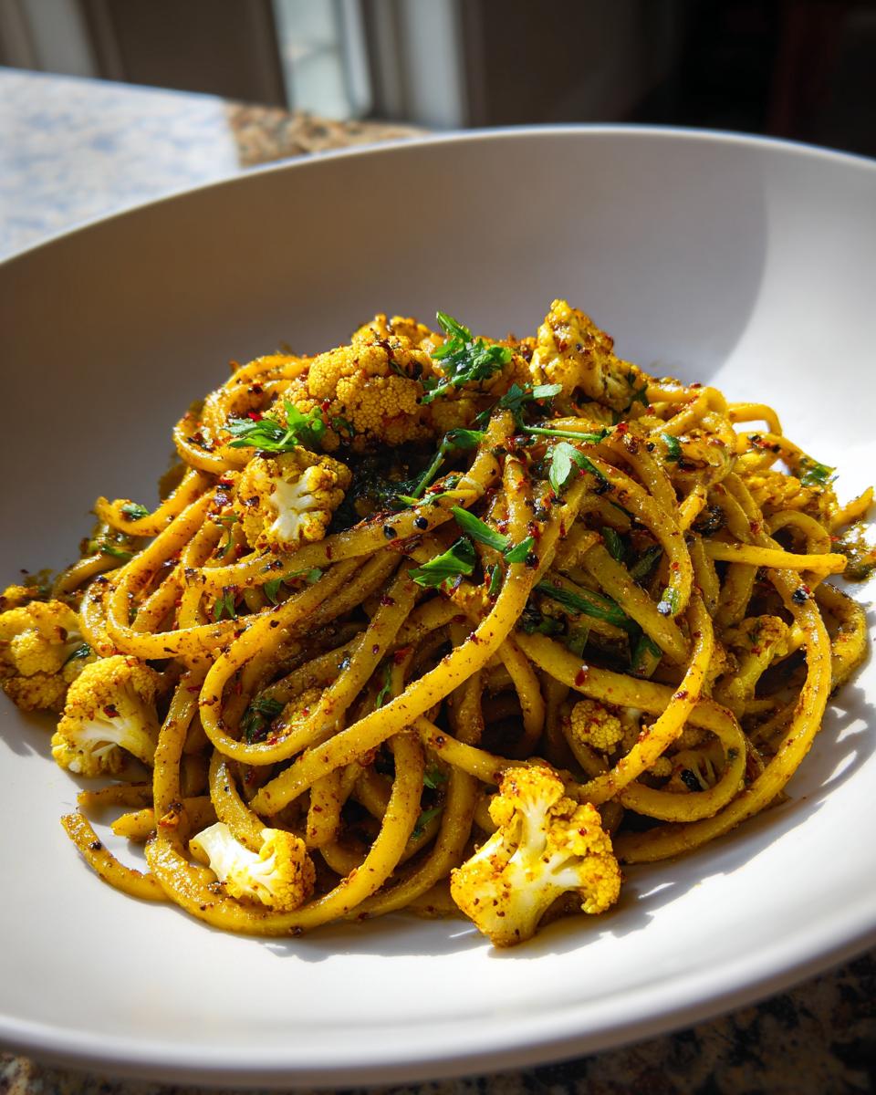 A close-up of bright yellow black pepper turmeric cauliflower and garlic noodles garnished with fresh herbs in a white bowl.