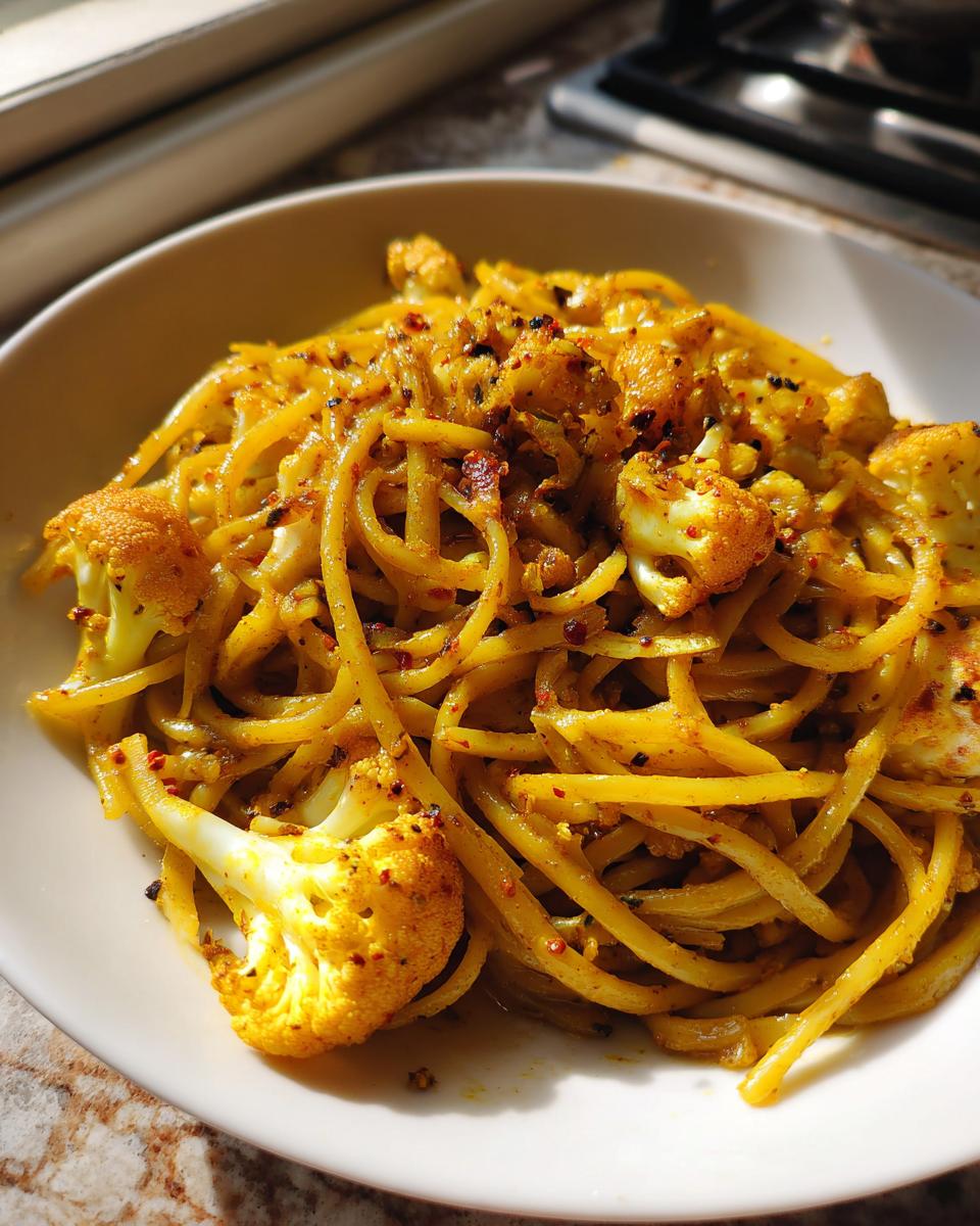 A close-up of a bowl of bright yellow black pepper turmeric cauliflower and garlic noodles topped with spices.