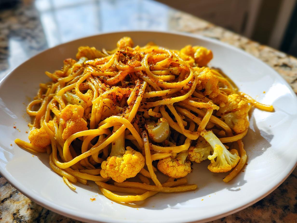 A vibrant serving of black pepper turmeric cauliflower and garlic noodles, tossed in a yellow sauce and topped with spices, on a white plate.
