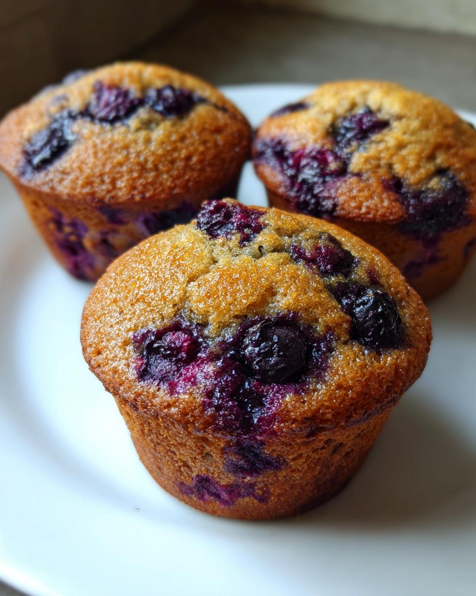 Close-up of three freshly baked blueberry cottage cheese muffins with golden tops and burst blueberries.