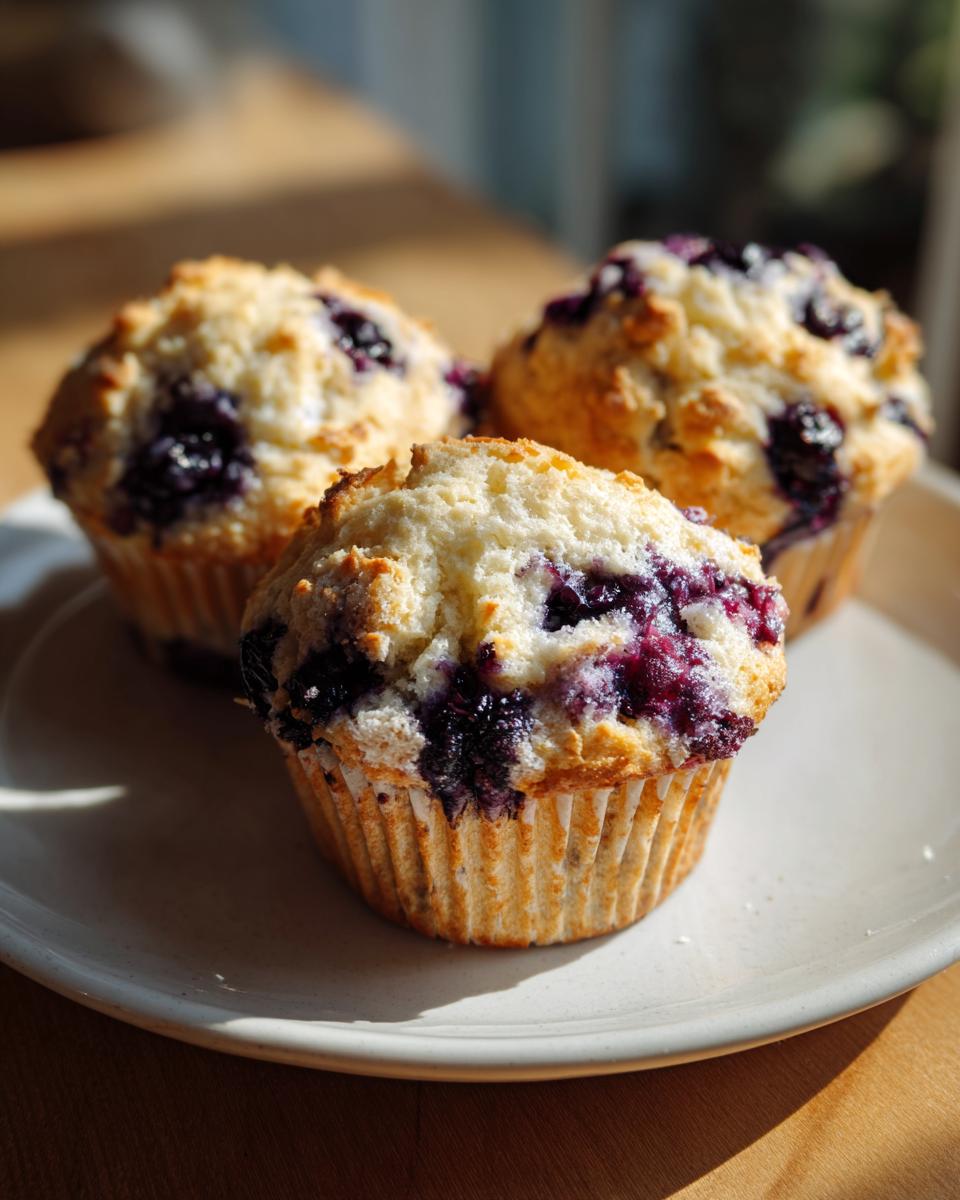 Three golden-topped blueberry cottage cheese muffins sitting on a light plate, illuminated by sunlight.