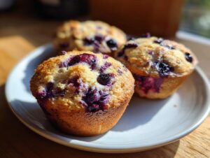 Three golden-brown blueberry cottage cheese muffins with burst blueberries, sitting on a light plate in bright sunlight.