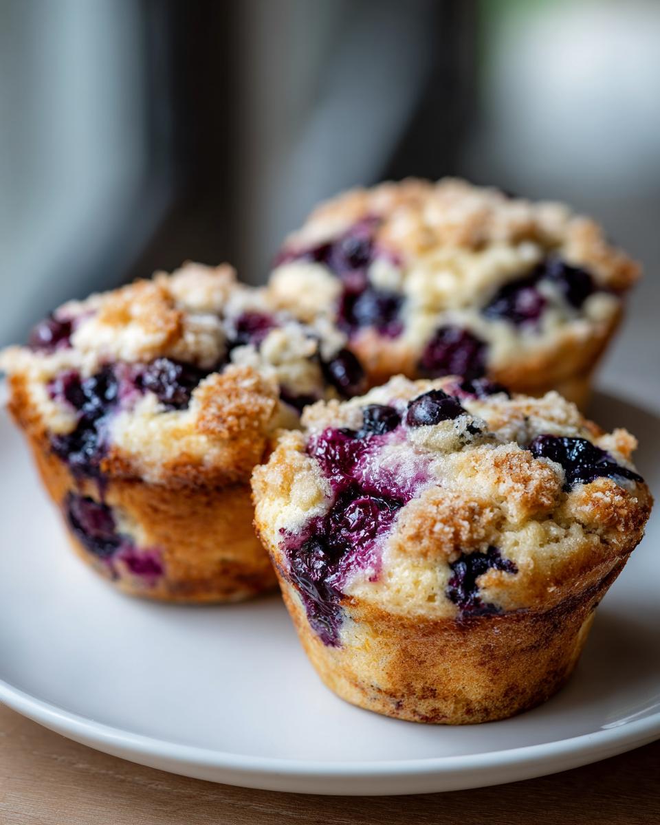 Three golden-brown blueberry cottage cheese muffins topped with a crumbly streusel sitting on a white plate.