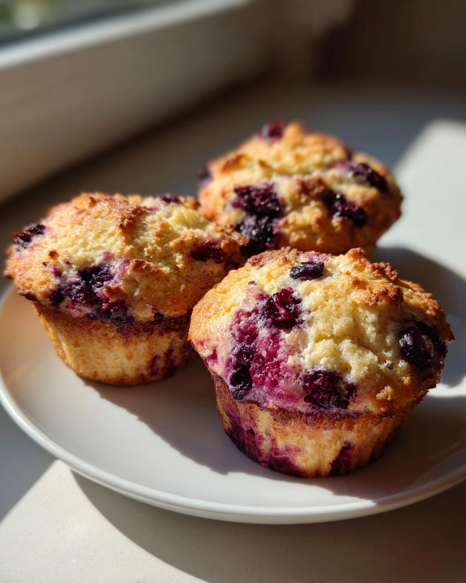 Three freshly baked blueberry cottage cheese muffins with golden tops sitting on a white plate in bright sunlight.