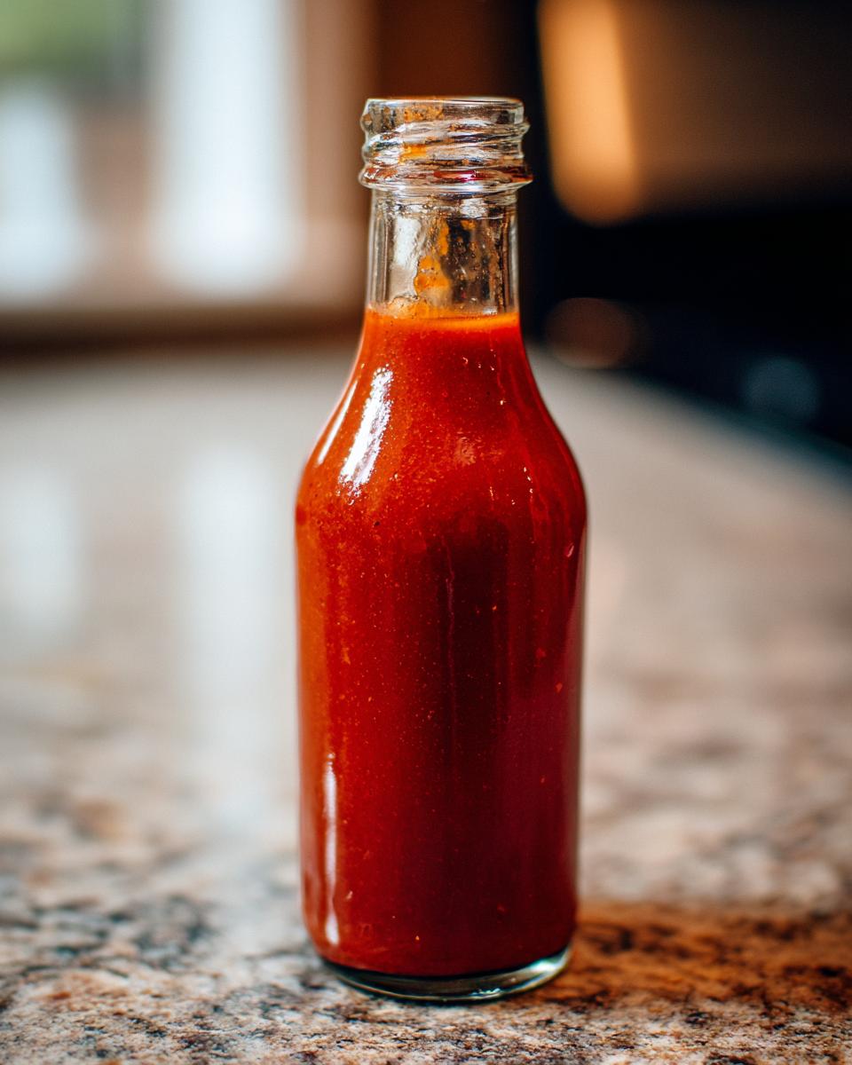 A clear glass bottle filled with vibrant red homemade hot sauce sitting on a speckled countertop.