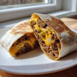 Close-up of a delicious cheeseburger wrap cut in half, showing seasoned ground beef, melted cheddar cheese, onions, and pickles inside a toasted tortilla.