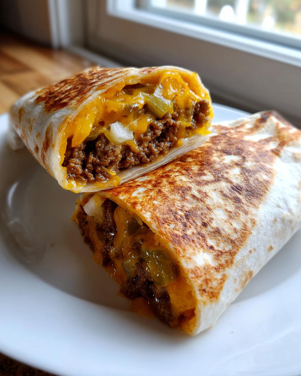A grilled cheeseburger wrap cut in half, revealing seasoned ground beef, melted cheddar cheese, pickles, and onions.