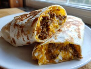 A cheeseburger wrap cut in half, showing seasoned ground beef, melted cheddar cheese, and diced onions inside a toasted tortilla.