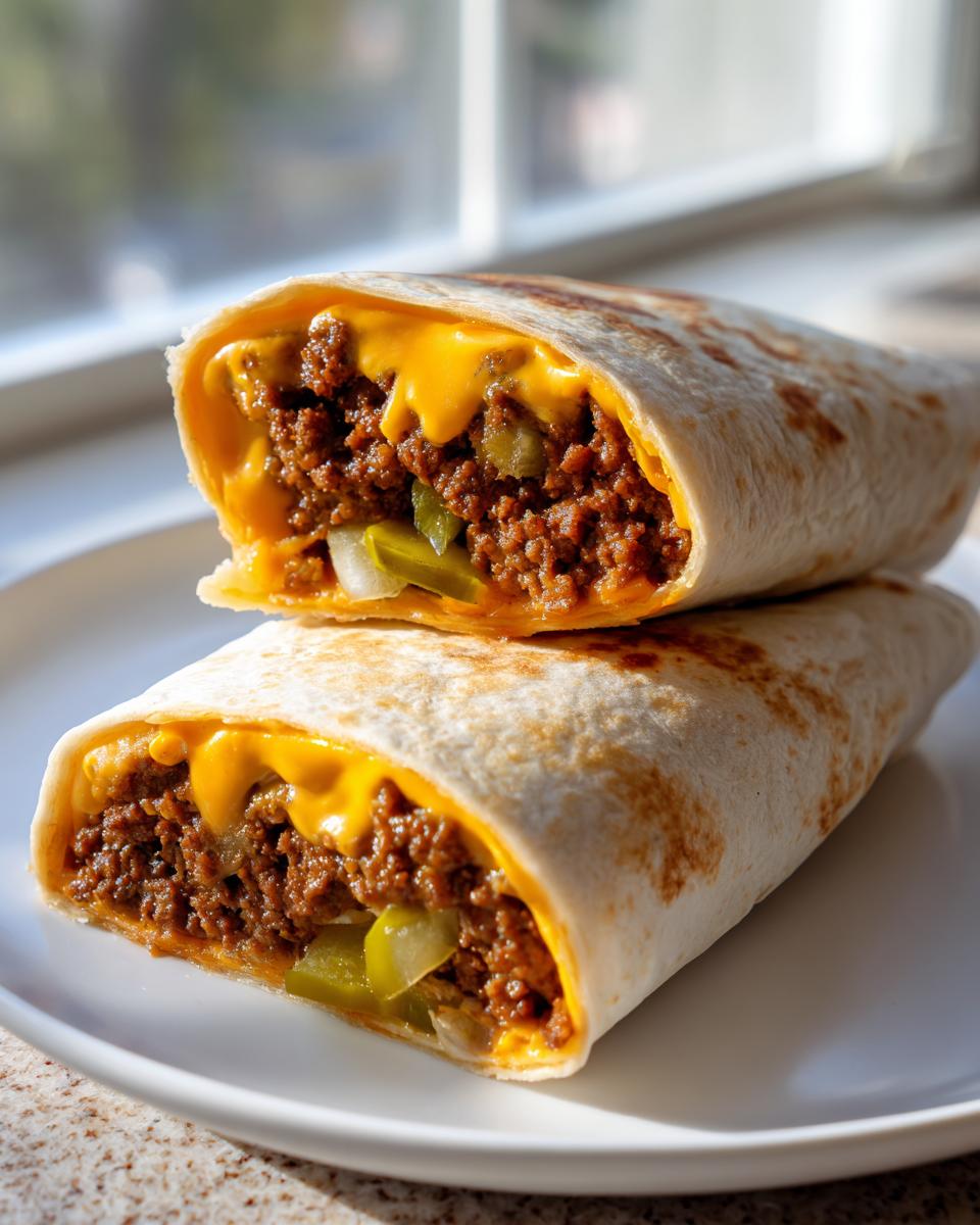 Two halves of a delicious cheeseburger wrap stacked, showing ground beef, melted cheese, and pickle slices inside a toasted tortilla.