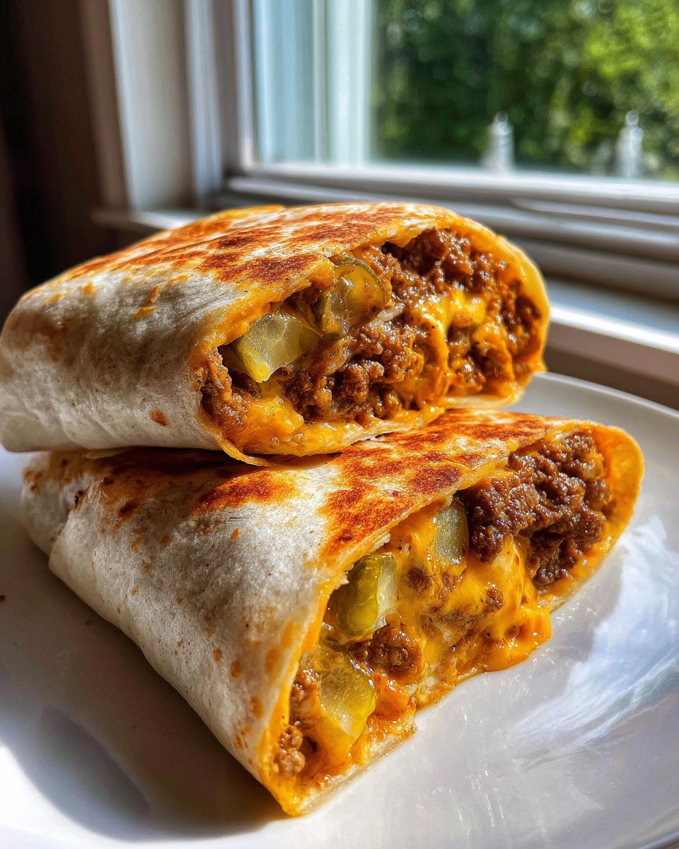 Two halves of a grilled cheeseburger wrap, showing ground beef, melted cheese, and pickle slices inside.