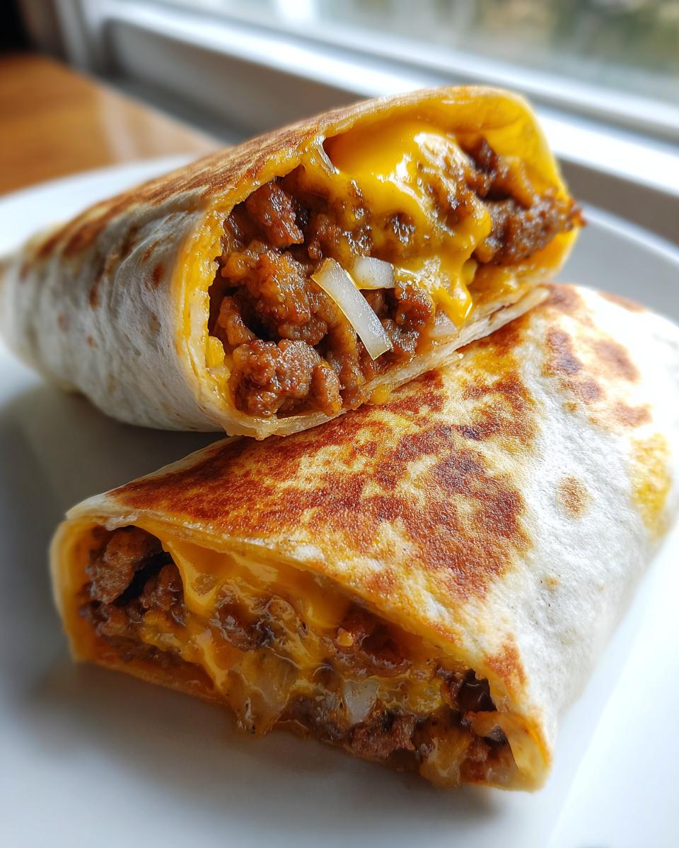 Close-up of a cheeseburger wrap cut in half, showing seasoned ground beef, melted cheddar cheese, and onions inside a toasted tortilla.