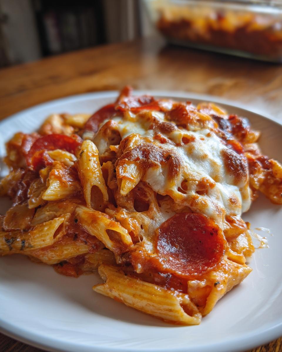 A close-up serving of baked pizza pasta featuring penne, tomato sauce, melted cheese, and pepperoni slices.