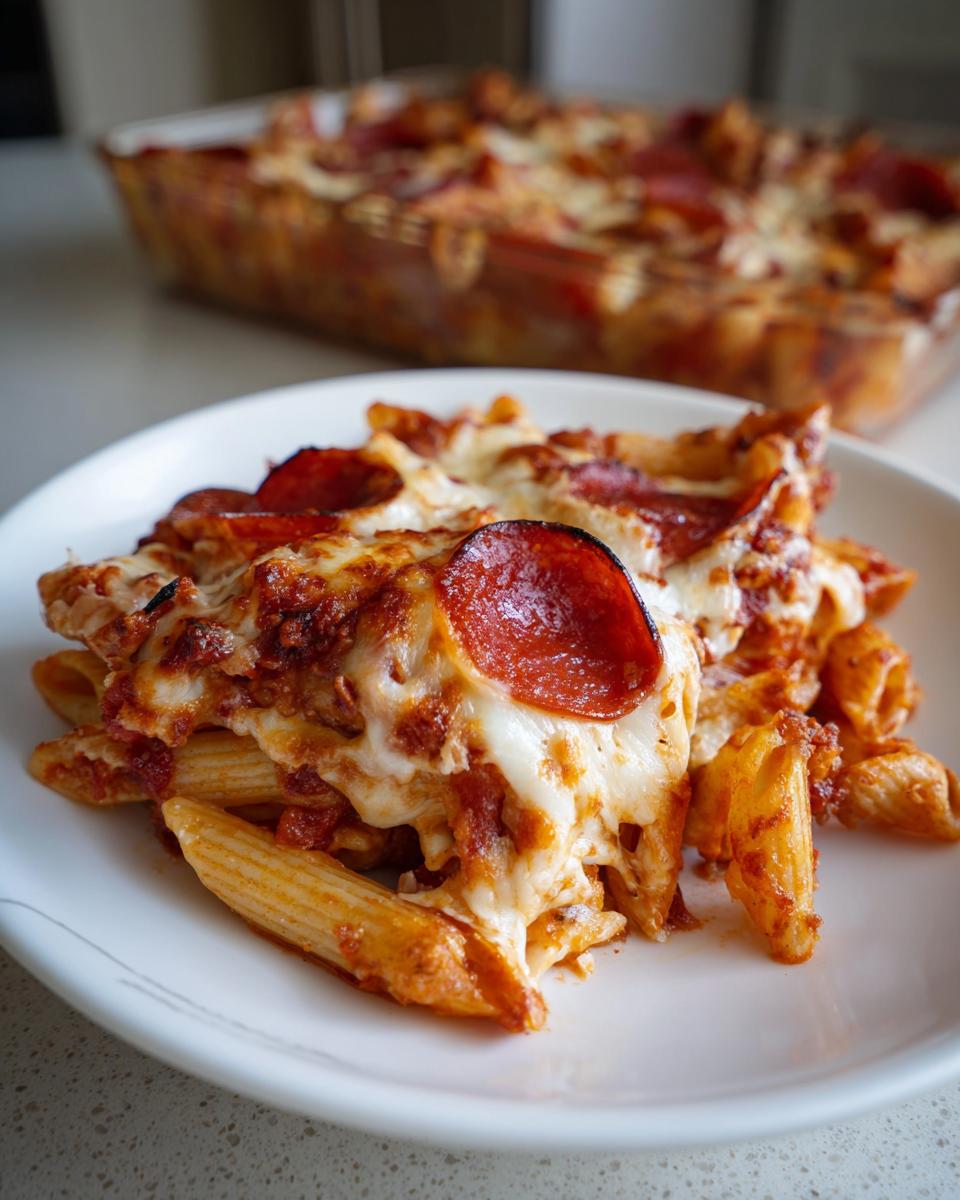 A close-up serving of cheesy pizza pasta baked with melted mozzarella and pepperoni slices on a white plate.