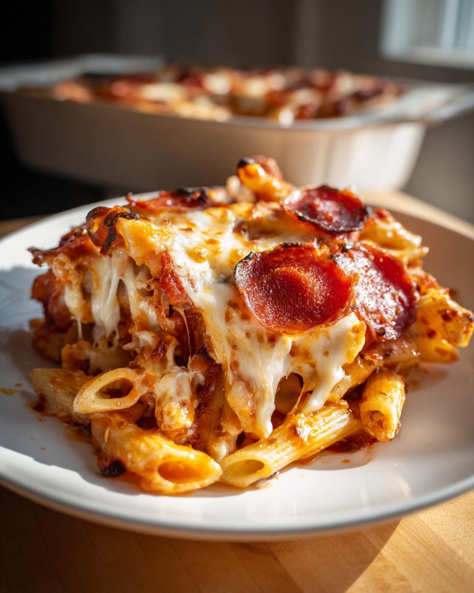 A close-up of a serving of baked pizza pasta featuring penne, marinara sauce, melted mozzarella, and pepperoni slices.