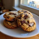 A stack of four thick, golden brown scoopable cookies topped with melted chocolate chunks and flaky sea salt.