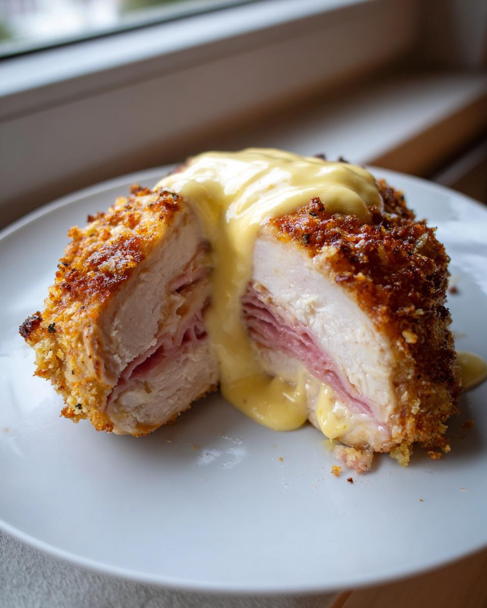 A cross-section view of a perfectly cooked chicken cordon bleu, showing melted cheese and ham inside, topped with a creamy yellow sauce.