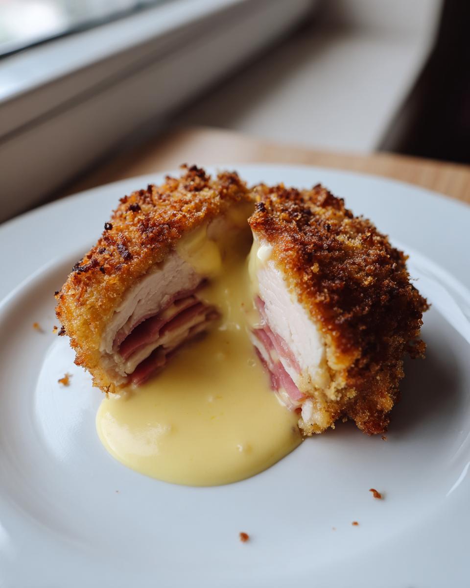 A perfectly cooked chicken cordon bleu, cut in half, showing layers of ham and melted cheese oozing onto a white plate.
