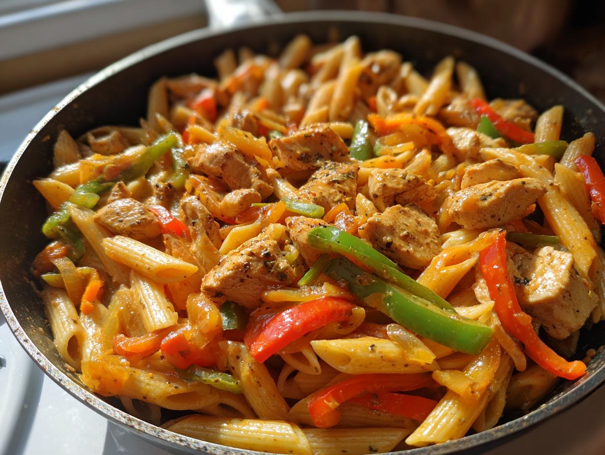 Close-up of creamy chicken fajita pasta with penne, seasoned chicken chunks, and colorful bell peppers in a black skillet.