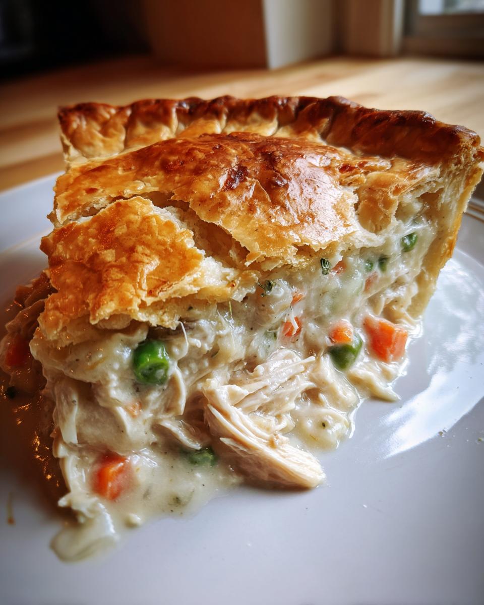 A close-up of a generous slice of chicken pot pie showing creamy filling, shredded chicken, peas, and carrots under a golden, flaky crust.