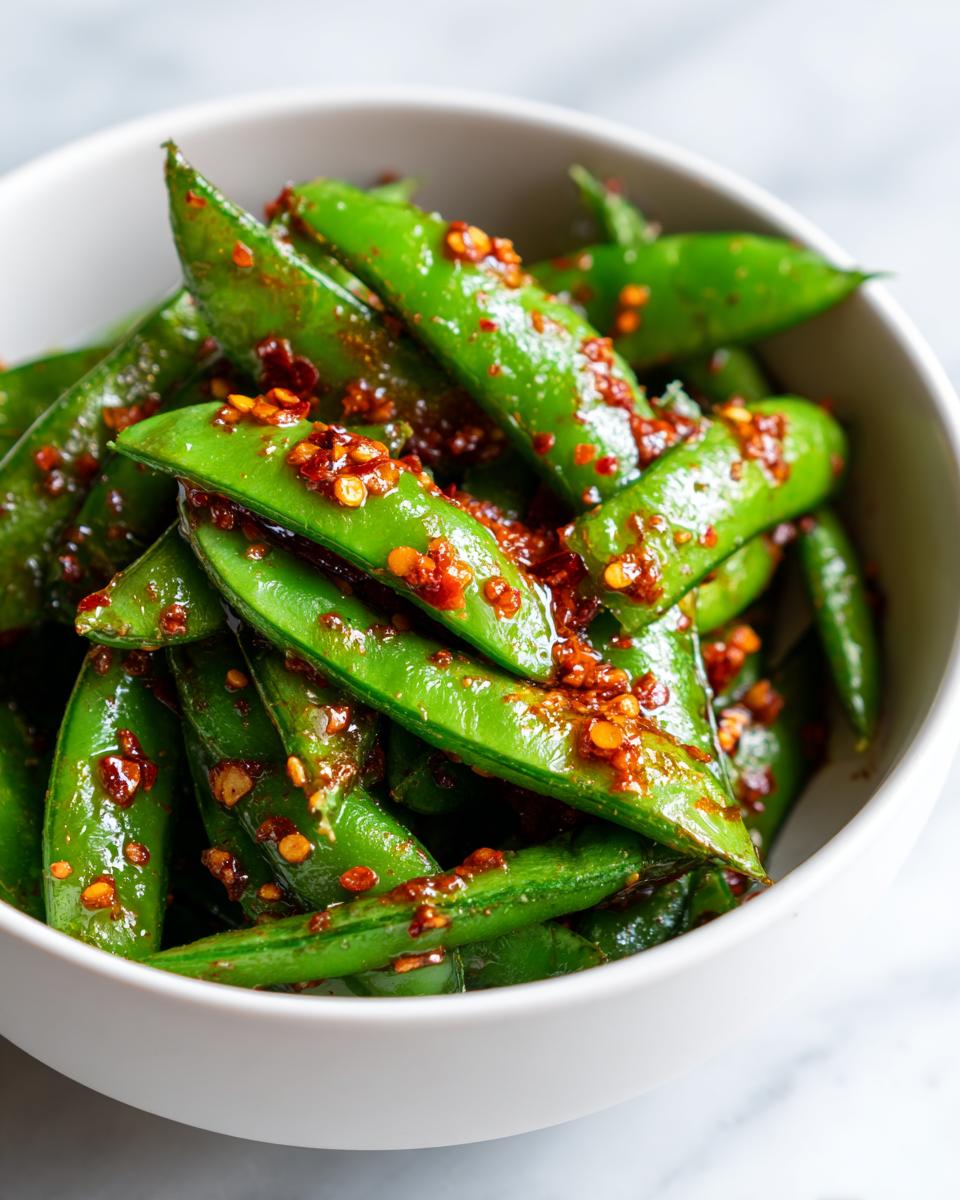 Vibrant green snap peas coated in spicy chili crisp, served in a white bowl, ready for the chili crisp snap pea salad.