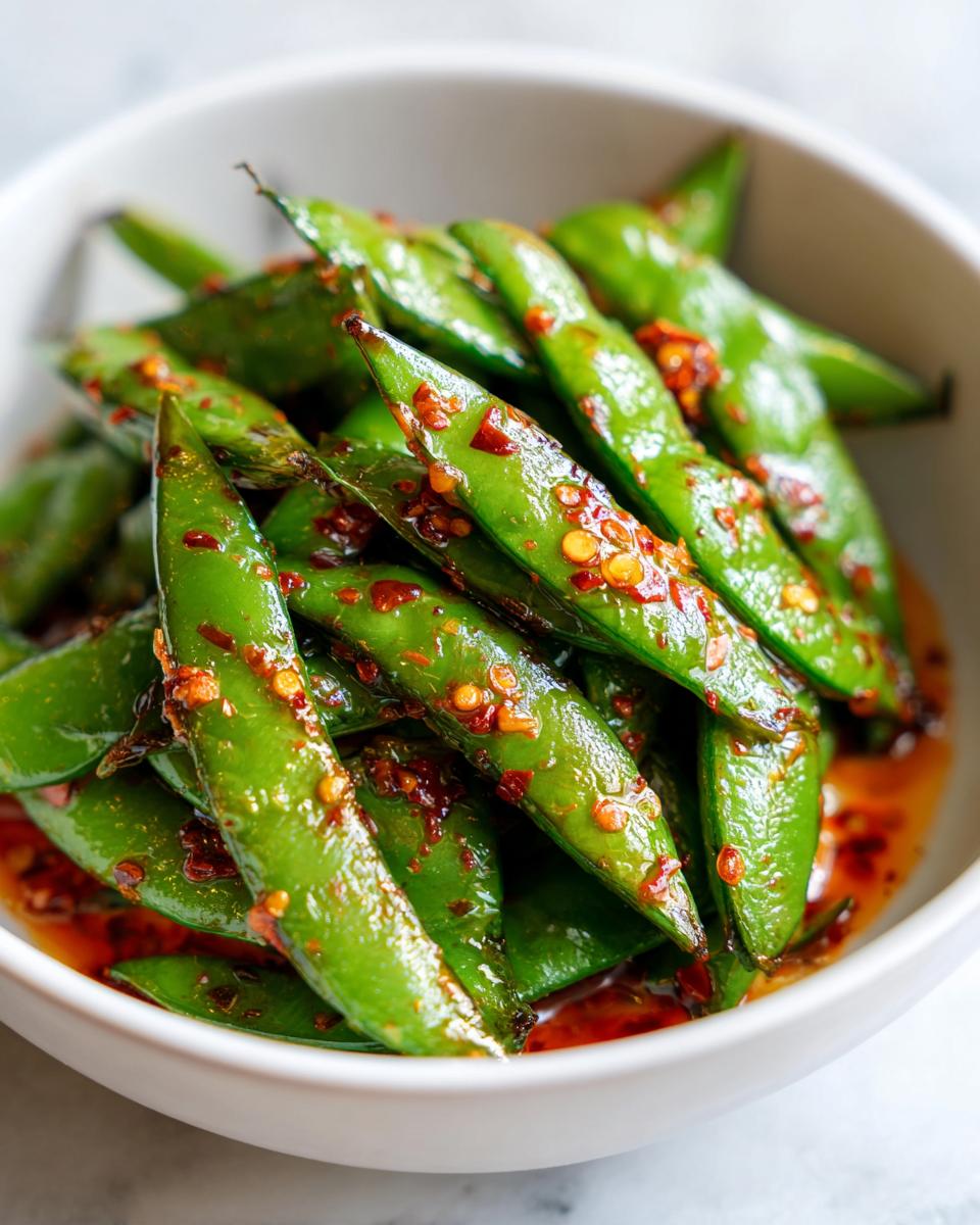 Close-up of vibrant green snap peas coated in spicy red chili crisp dressing, ready for the chili crisp snap pea salad.