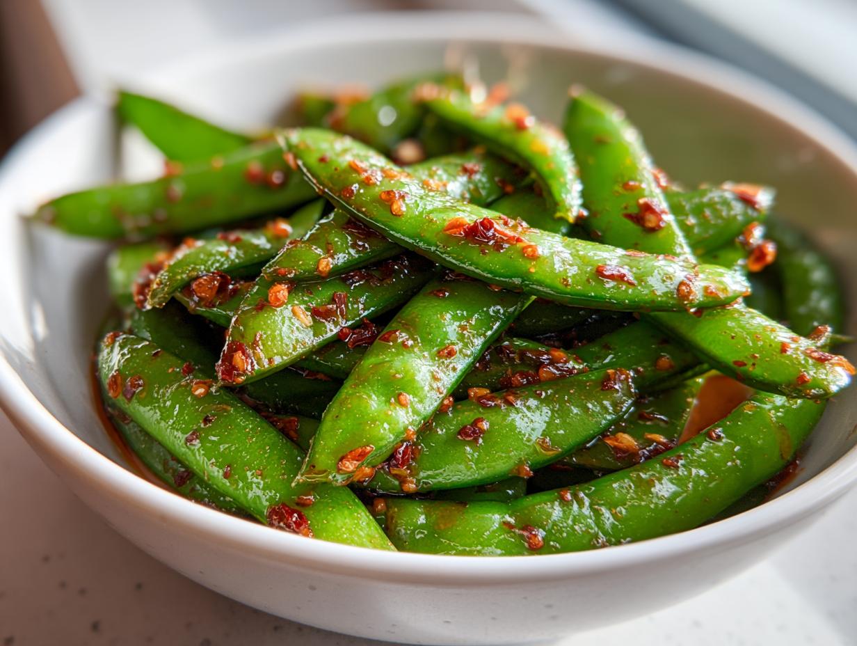 Close-up of bright green snap peas tossed in spicy chili crisp, served in a white bowl.