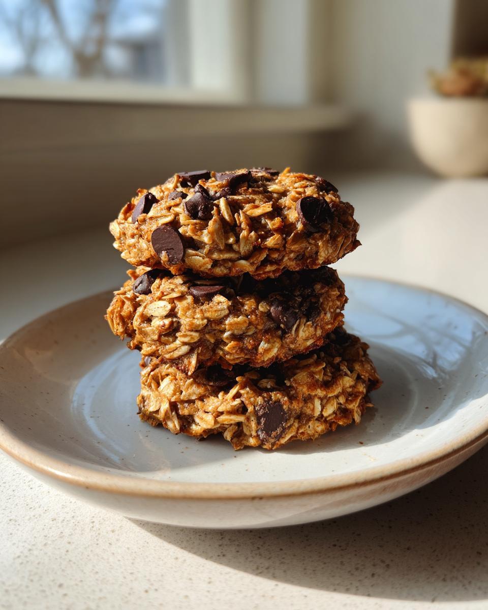 Three stacked, hearty breakfast cookie oat bites topped with dark chocolate chips on a speckled plate.