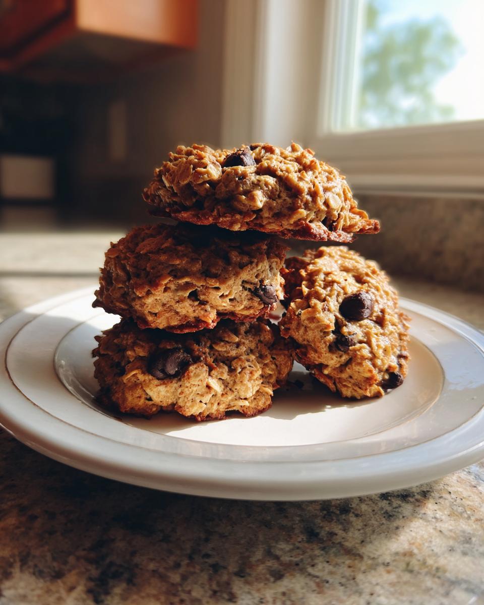 A stack of four homemade chocolate chip breakfast cookie treats sitting on a white plate near a sunny window.