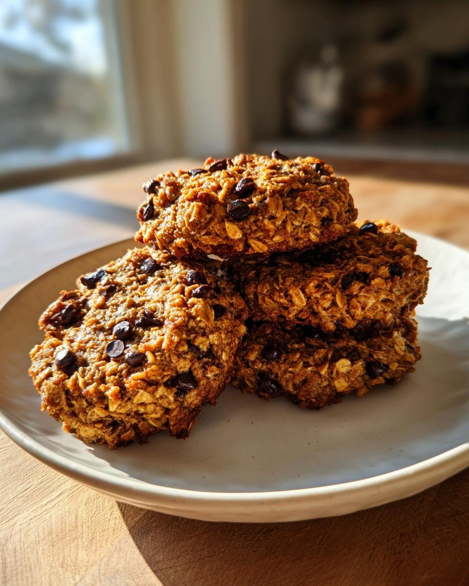 A stack of four golden brown breakfast cookie treats loaded with oats and chocolate chips on a light plate.