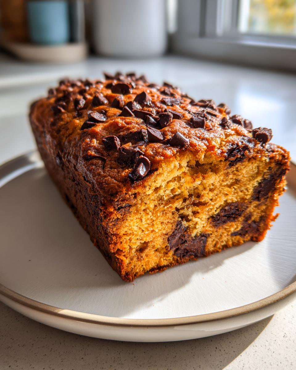 A golden brown loaf of peanut butter banana bread topped generously with melted chocolate chips, sitting on a white plate.