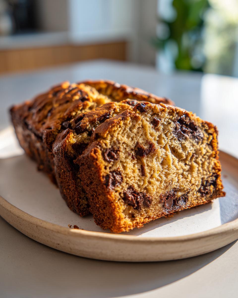 Close-up of sliced peanut butter banana bread loaded with chocolate chips, sitting on a plate.