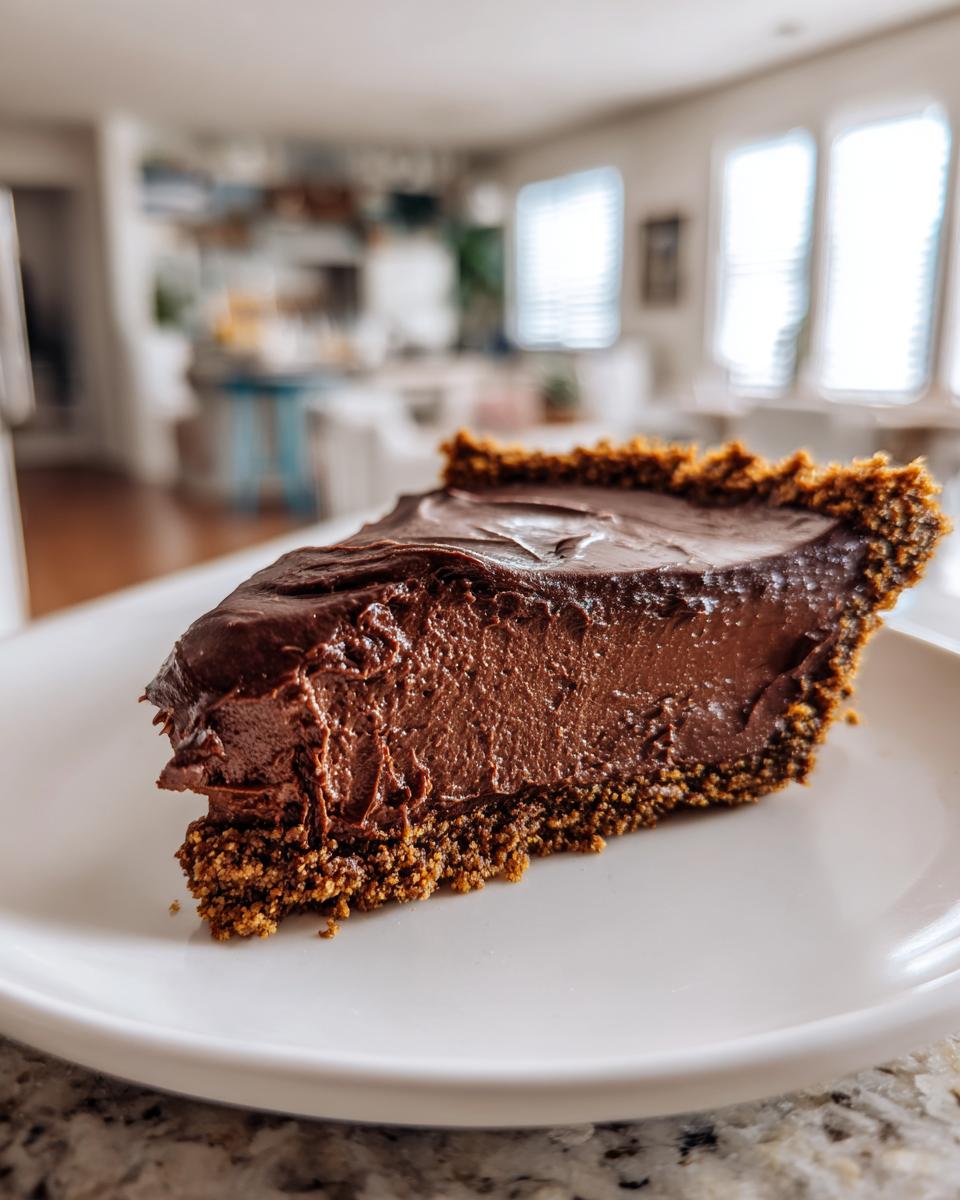 A thick slice of rich, dark chocolate pie with a crumbly crust resting on a white plate.
