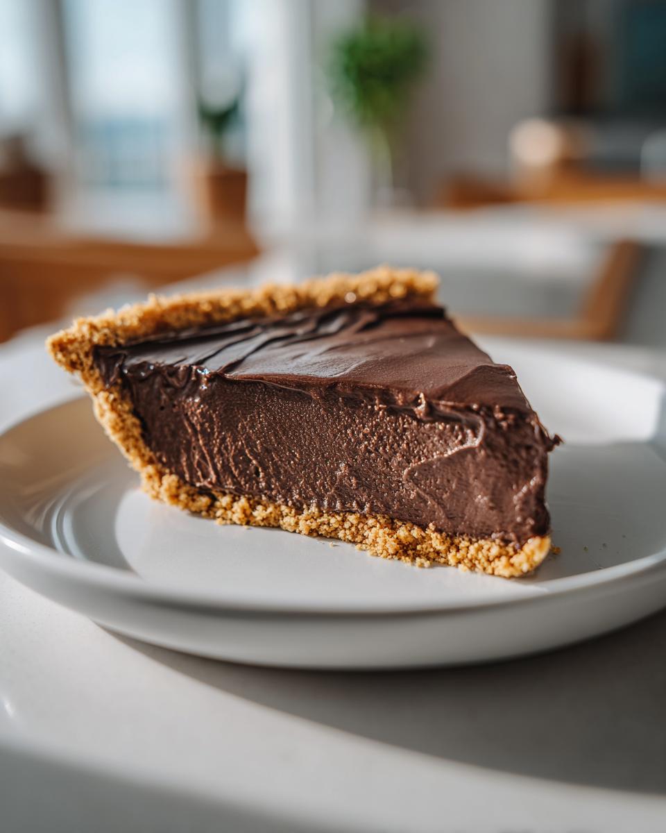 A close-up of a thick slice of rich chocolate pie with a graham cracker crust, served on a white plate.