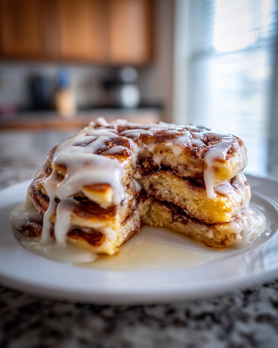 A close-up of a stack of fluffy cinnamon roll pancakes drizzled heavily with white icing, with one slice removed.
